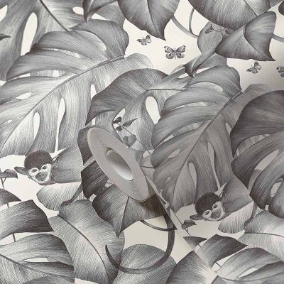 384831 Sale Wallpaper jungle monkey monstera leaves tendrils gray white